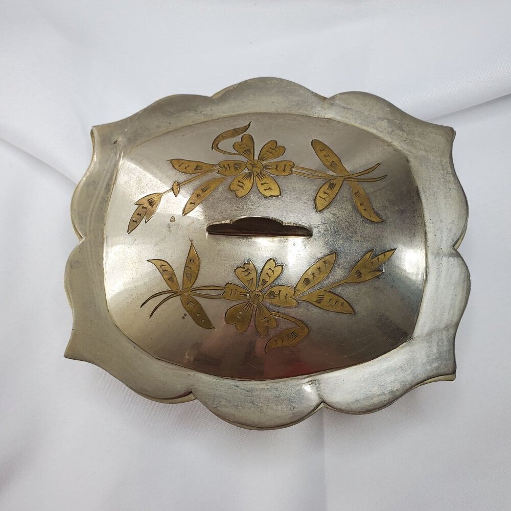 Vintage Silver Tone Brass Inlay Jewelry Trinket Box Floral Design Made in India - Picture 3 of 16